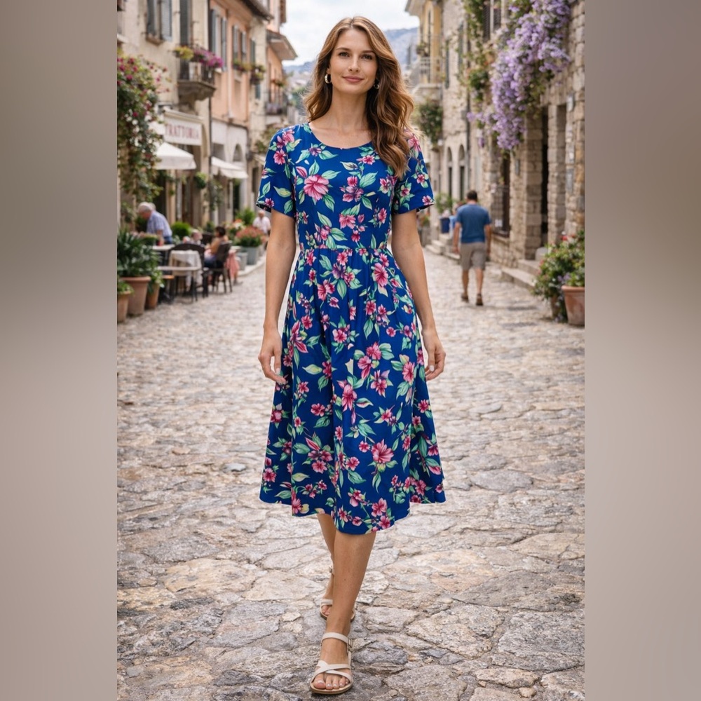 Liz Claiborne Tropical Floral Cotton Vintage Open back Summer Midi Dress Size P4